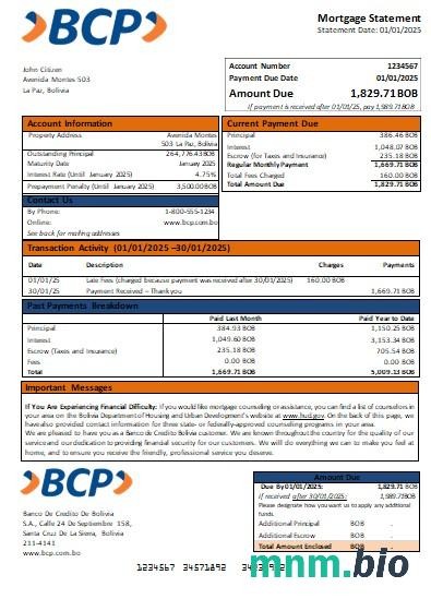 Boliwia Bank Kredytowy Boliwii wyciąg z kredytu hipotecznego szablon Word i PDF